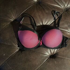 Black fushia hot pink and fishnet bra 34c